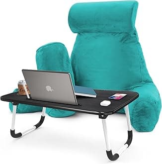 Nestl Reading Pillow with Portable Laptop Lap Desk - Shredded Memory Foam Back Support Pillow for Sitting Up in Bed and Couch Rest Pillows with Arms, Bed Tray Table with Foldable Legs, Teal