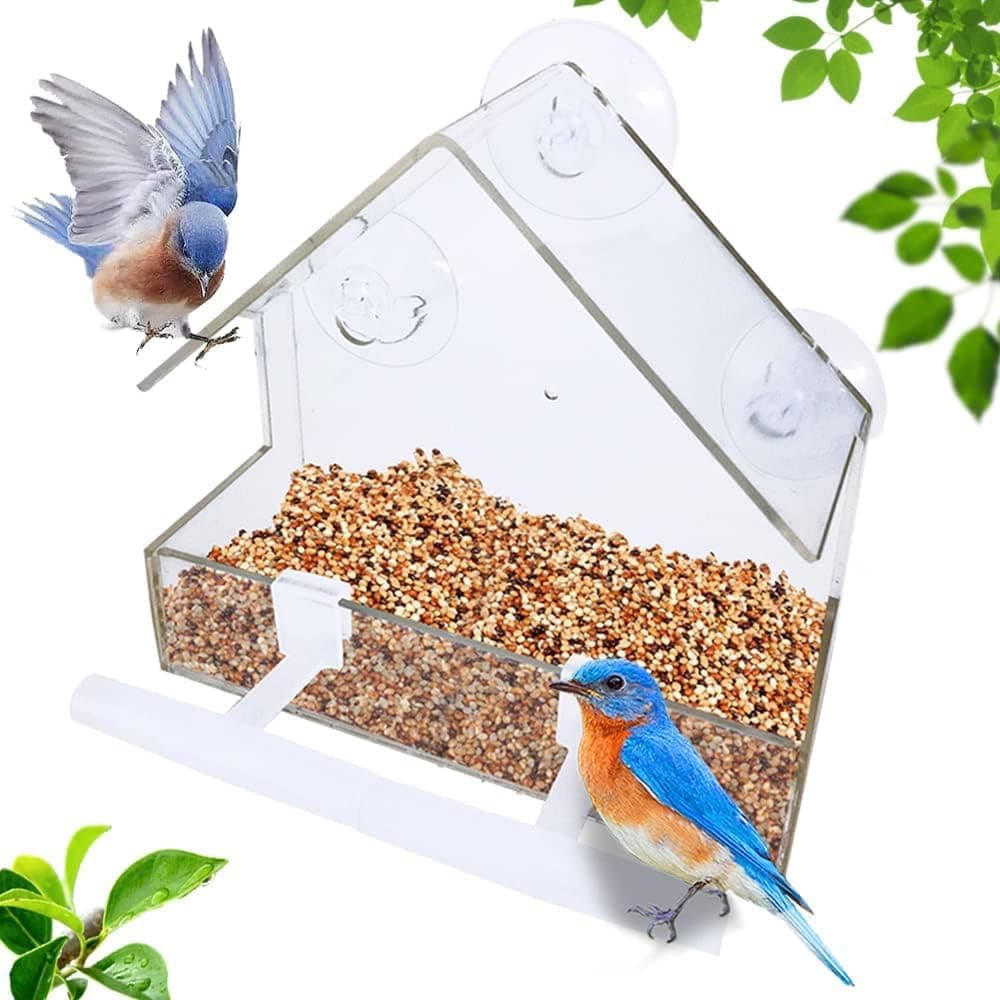 Window Bird Feeder, Bird House for Outside with 2 Rod, Small Acrylic Window Bird Feeder with Strong Suction Cups and Drain Holes 5.9 * 2.4 * 5.9 in