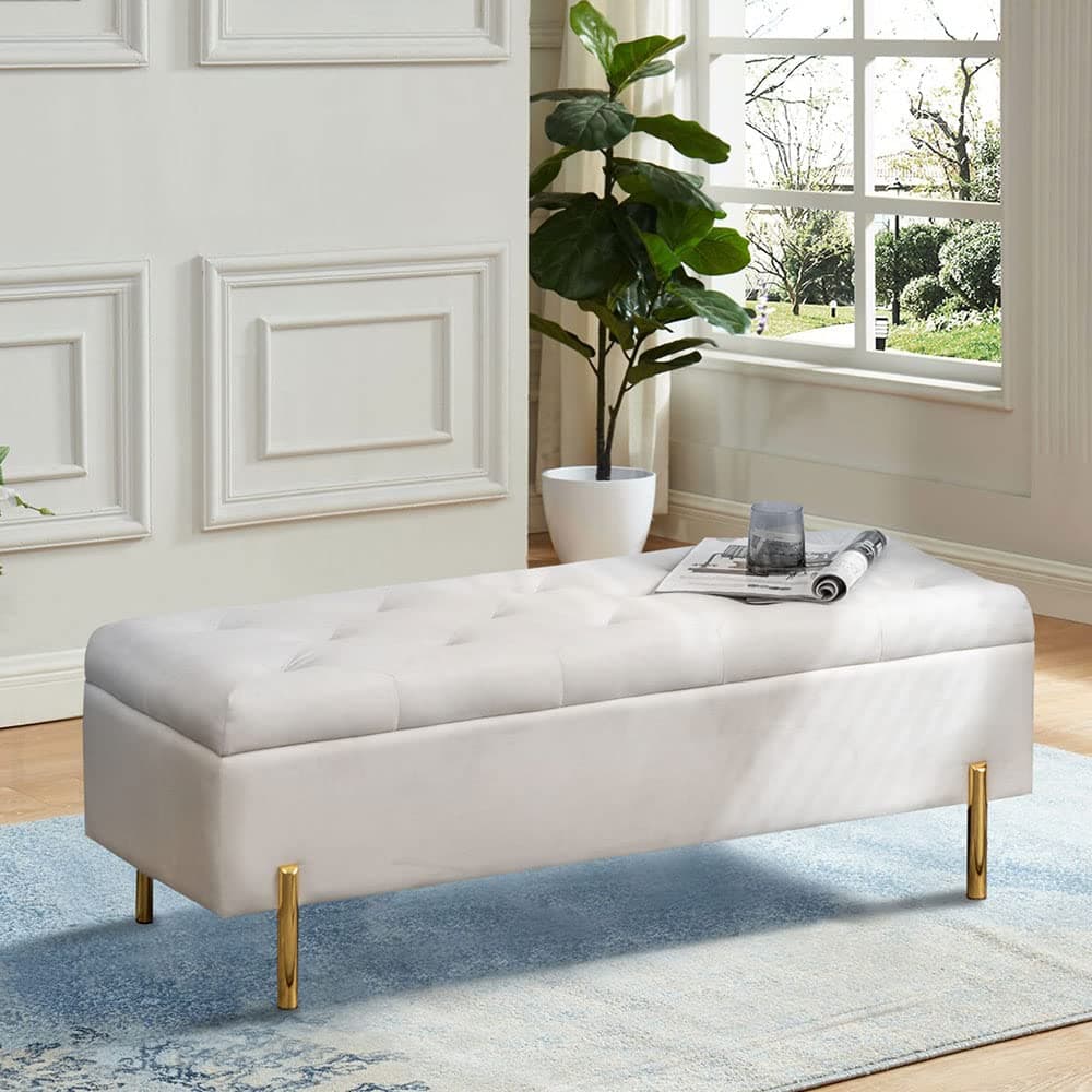 Andeworld Velvet Storage Bench, Modern Bedroom Bench, Upholstered Tufted Large Settee Ottoman with Storage Bench for Bedroom,Living Room,Entryway, Ivory
