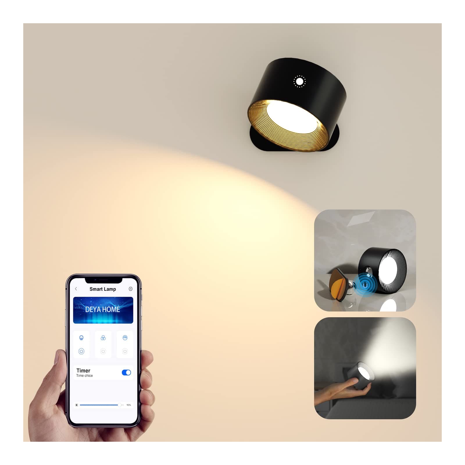 Smart Wall Sconces, LED Mounted Lamps with 3 Lighting&RGB&Ambiance Mode, APP&Touch Control, Stepless Dimming, 360°Rotate, Cordless Light Rechargeable Battery for Reading Bedside