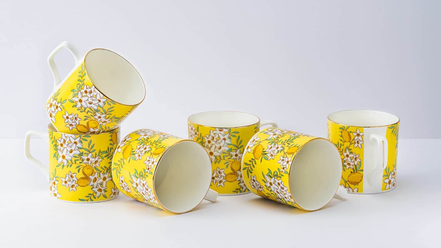 Bone China Handcrafted Yellow Lemon Tea & Coffee Cups - Set Of 6 | Perfect For Daily Use, Elevate Your Tea And Coffee Experience | 24 Carat Gold On Rim | 200 Ml