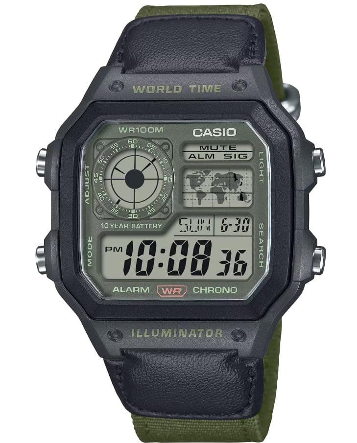 Casio AE1200 Series Black/Green LED Illuminator World Time