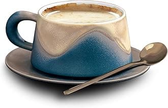 KASTWAVE Large Stoneware Coffee Mug Set, 8.5oz Ceramic Cappuccino Cup with Saucer & Spoon, Premium Glazed Porcelain for Latte, Espresso, Tea & Mocha, Dishwasher Safe Gift (Blue)