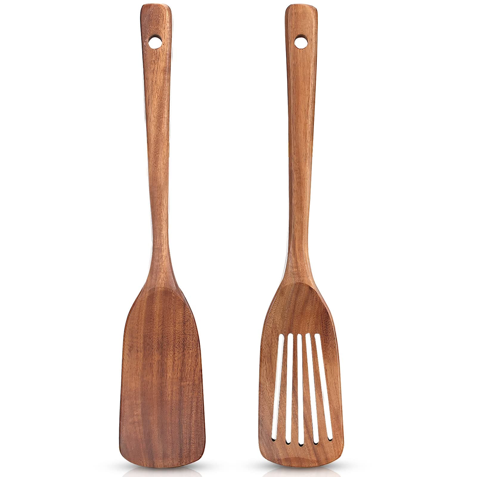 2 Pack Non Toxic Wooden Spatulas for Kitchen Utensils Set Acacia Wood Cooking Spatula Flat Wok Pancake Turner Bamboo Slotted Spoon for Cooking Utensil Spurtle Scraper Long Fish Egg Flipper Spatulas