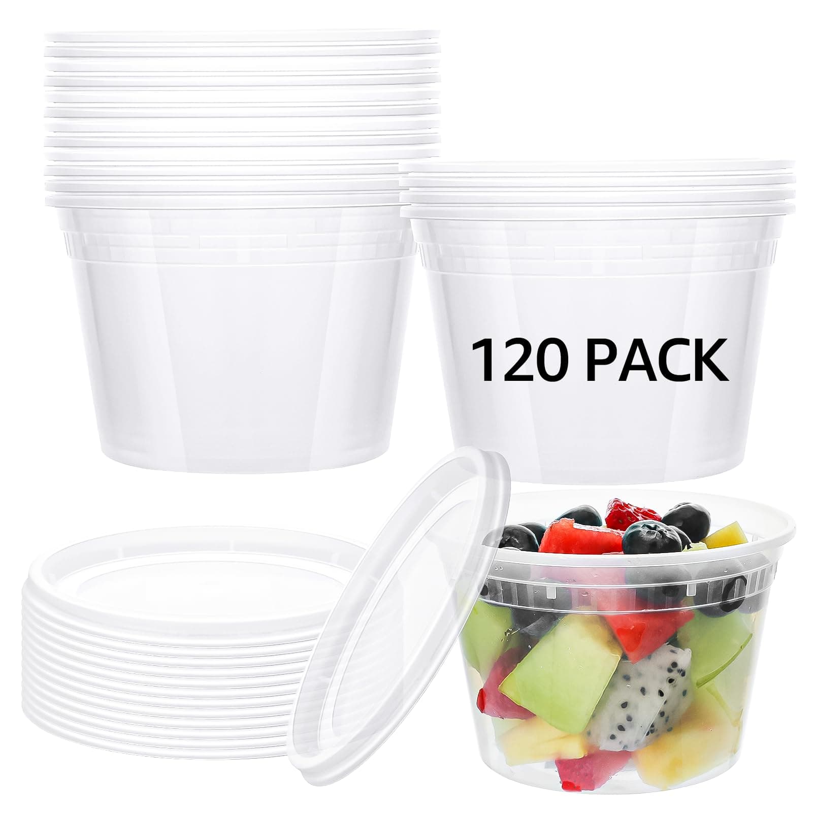 120 PACK, 16 oz Plastic Food Containers with Lids | Airtight, Microwave, Dishwasher, & Freezer Safe | Meal Prep, Disposable, Takeout Deli Soup Slime Round Food Storage Box