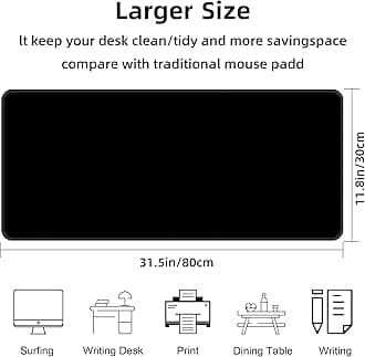 Bzu Black Extended Big Mouse Pad Large,XL Gaming Mouse Pad Desk Pad,31.5x11.8inch Long Computer Keyboard Mouse Mat Mousepad with 3mm Non-Slip Base and Stitched Edge for Home Office Work