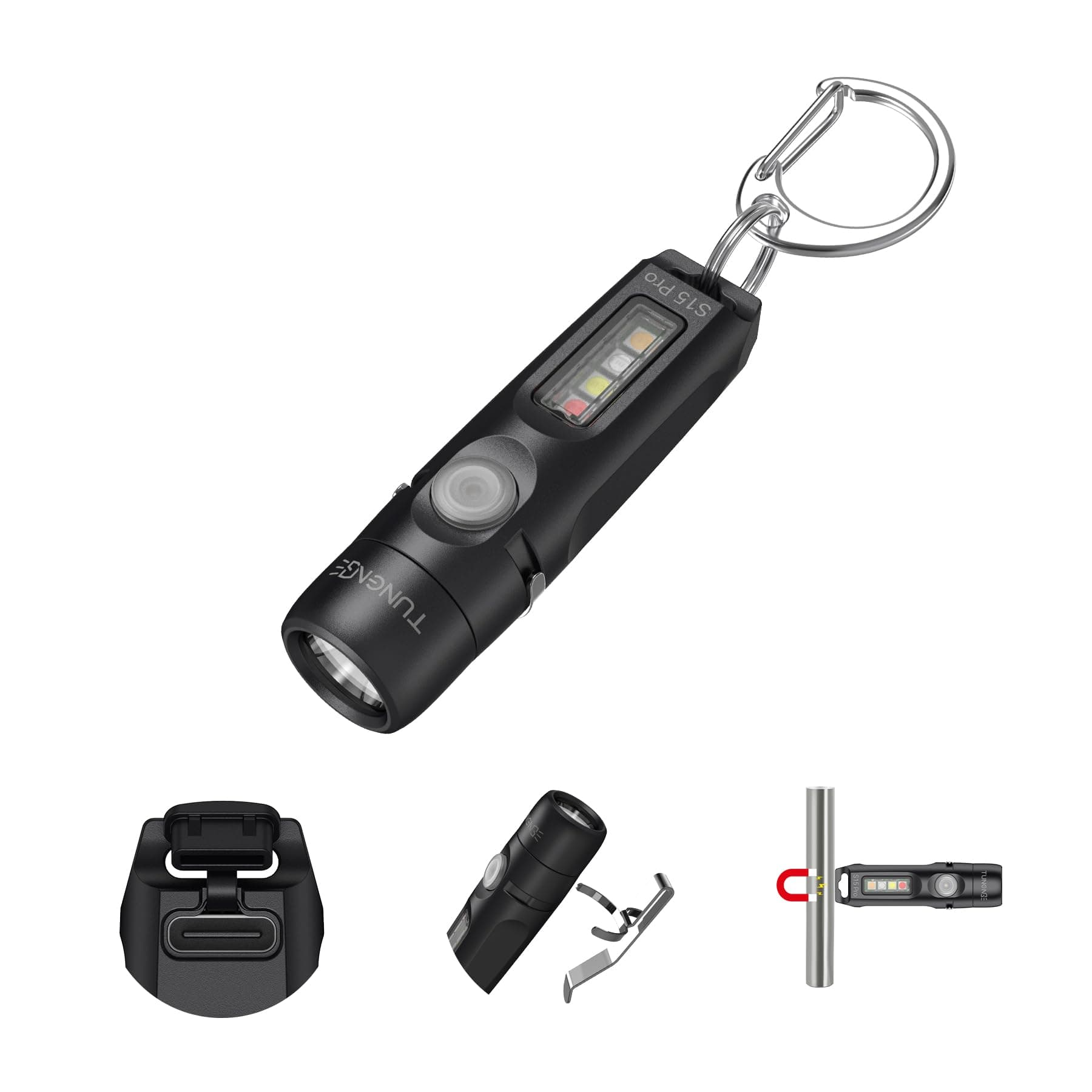 S15Pro Keychain Flashlight,750 High Lumen EDC Pocket Flashlight with Clip,USB C Rechargeable Mini Flashlight with Magnet,Suitable for Hiking, Camping, Repair(Black)