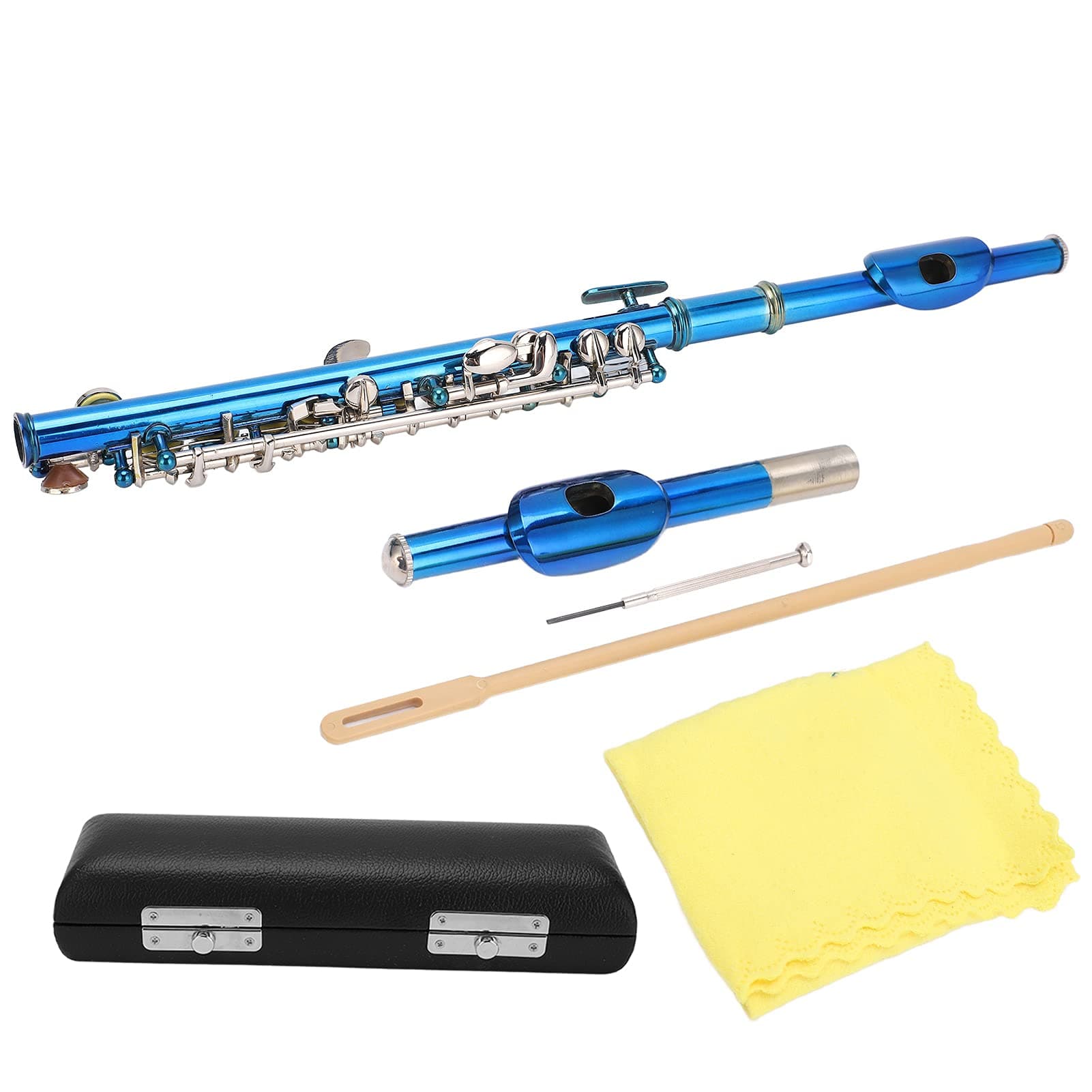 Piccolo Flute Cupronickel Blue Nickel Plated Beginner Flute Cleaning Kit with Case Cloth Cleaning Rod Screw Driver E Key 6 Holes Piccolos Key Instrument for Beginner