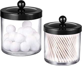 SheeChung 2-Pack Plastic Apothecary Jars with Black Metal Lids-Clear Acrylic Qtip Holder Set-Shatterproof Bathroom Vanity Organizer for Cotton Balls, Swabs, Pads-Modern Farmhouse Chic Decor