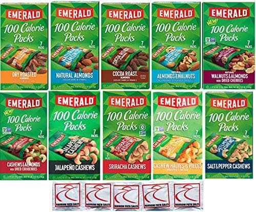 Emerald Nuts 100 Calorie Packs Variety Sampler of 10 Different Flavors 70 Bags Total. Almonds, Cashews, Walnuts. Emerald Nuts Bundle Gift Box