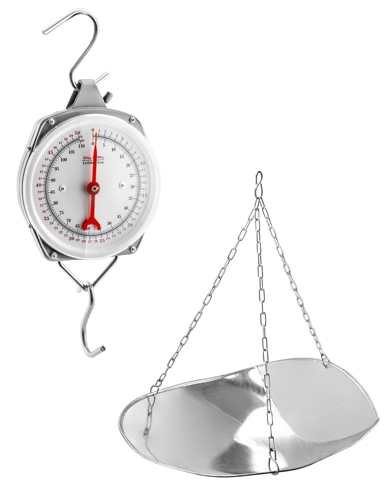 110 lbs Large Display Spring Dial Weight Scale & Scale Scoop/Chain with Hanging Cradle, Steel Construction, for Shopping, Traveling, Kitchen, Silver