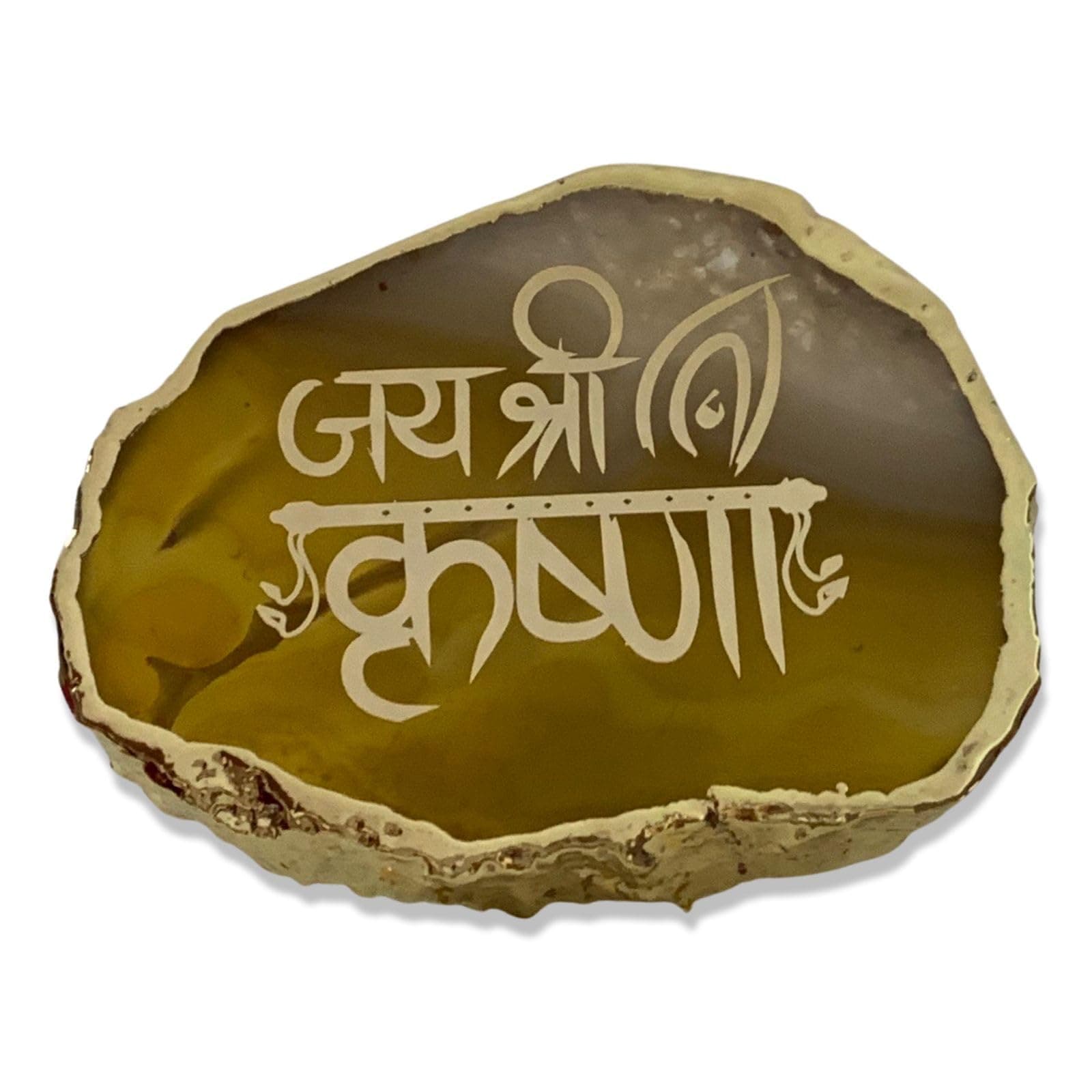 Dr. SaaB Agate Stone LED Night Light with Sacred Imprint - Tranquil Illumination for Spiritual Ambiance, Semi Precious Natural Agate Stone. (Jai Shree Krishan) (Design 04)