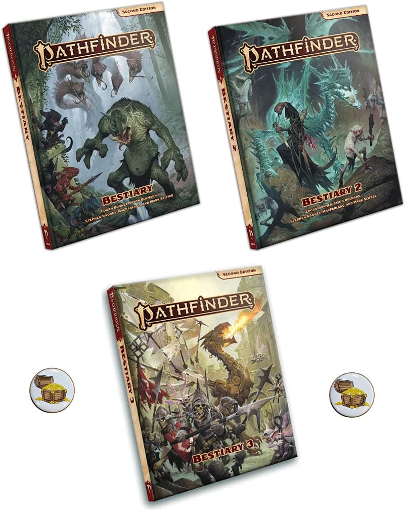 Bundle of Pathfinder 2E Bestiary 1 to 3 Hardcovers and Two Treasure Chest Buttons