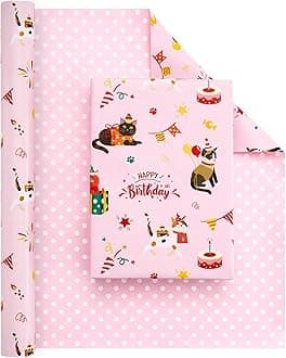 WERNNSAI Cat Wrapping Paper Roll - 1 Roll 17”x 33 ft Happy Birthday Wrapping Paper Pink Cat Birthday Gift Wrap for Kids Girls Adults Kitten Party Baby Shower Decoration Reversible Polka Dot Design