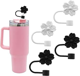 Flower Silicone Straw Cover Cap for Stanley Cup,Straw Topper 10 mm 0.4 in Reusable StrawTips Lids,StrawTip Covers Gift for Party Decor (2pcs Black 2pcs white Cherry blossom)