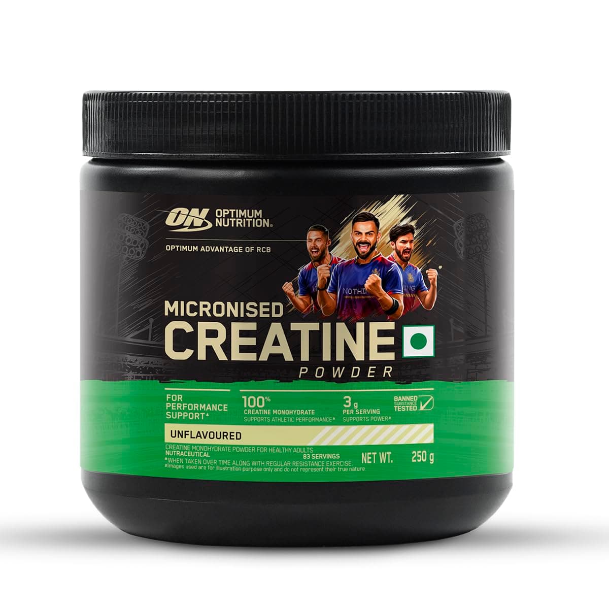 RCB Limited Edition Optimum Nutrition (ON) Micronized Creatine Powder – 250 g, 83 Serves, 3g of 100% Creatine Monohydrate per serve, Supports Athletic Performance & Power, Unflavored.