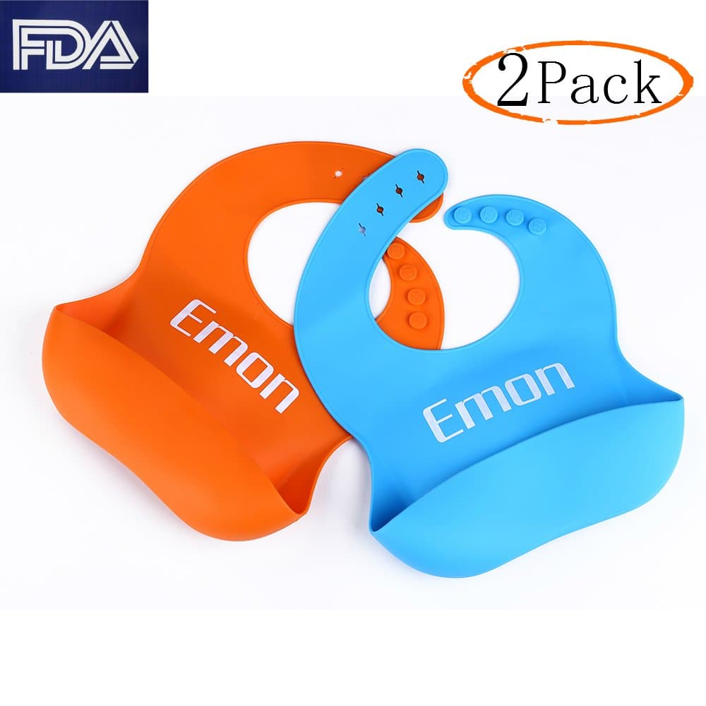 Emon Waterproof Silicone Bib Easily Wipes Clean-Comfortable Soft Baby Bibs Keep Stains Off- Spend Less Time Cleaning after Meals with Babies or Toddlers (2pack Blue & Orange)