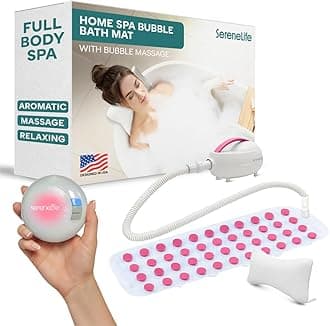 SereneLife Heated Bubble Bath Mat - Portable Spa Massager with Waterproof Light, Customizable Bubble Intensity, Pillow & Remote for Ultimate Comfort (Pink)