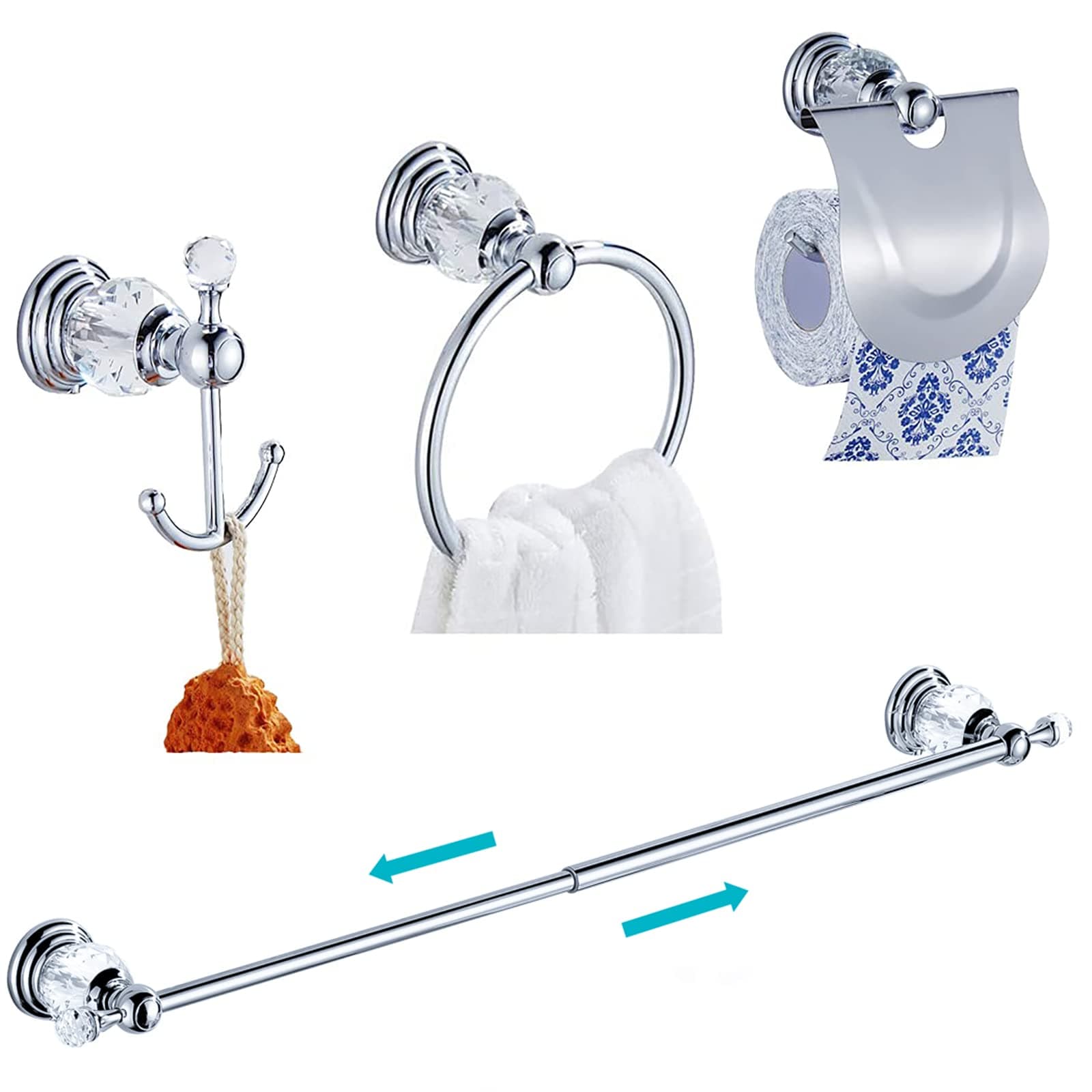 WOLIBEER Chrome Bathroom Accessories, Towel Holder Set Includes Crystal 24 Inch Towel Bar Toilet Paper Holder Towel Ring and Robe Hook 4 Pieces Silver Bathroom Hardware Wall Mount