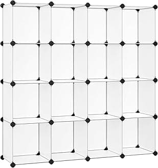 SONGMICS Cube Storage Organizer, Set of 16 Plastic Cubes, Book Shelf, Closet Organizers and Storage, Room Organization, Bedroom Living Room, 12.2 x 48.4 x 48.4 Inches, White ULPC44L