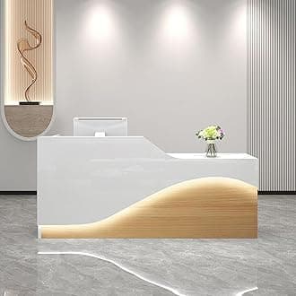Front Desk Reception Counter, Front Counter Desk with Lockable Drawer, Reception Counter, Modern Retail Counter for Checkout Office/Beauty Salon/Lobby C-Right(White+Natural-L,Medium)