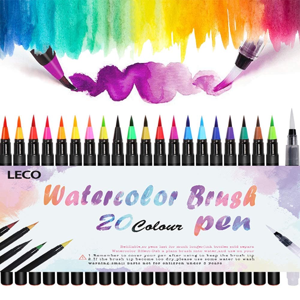 Leco Refillable Watercolour Real Nylon Tips Brush Pen Set of 20 Color+ for Calligraphy, Bullet Journal, Colouring, Manga, Comic, Travel Use