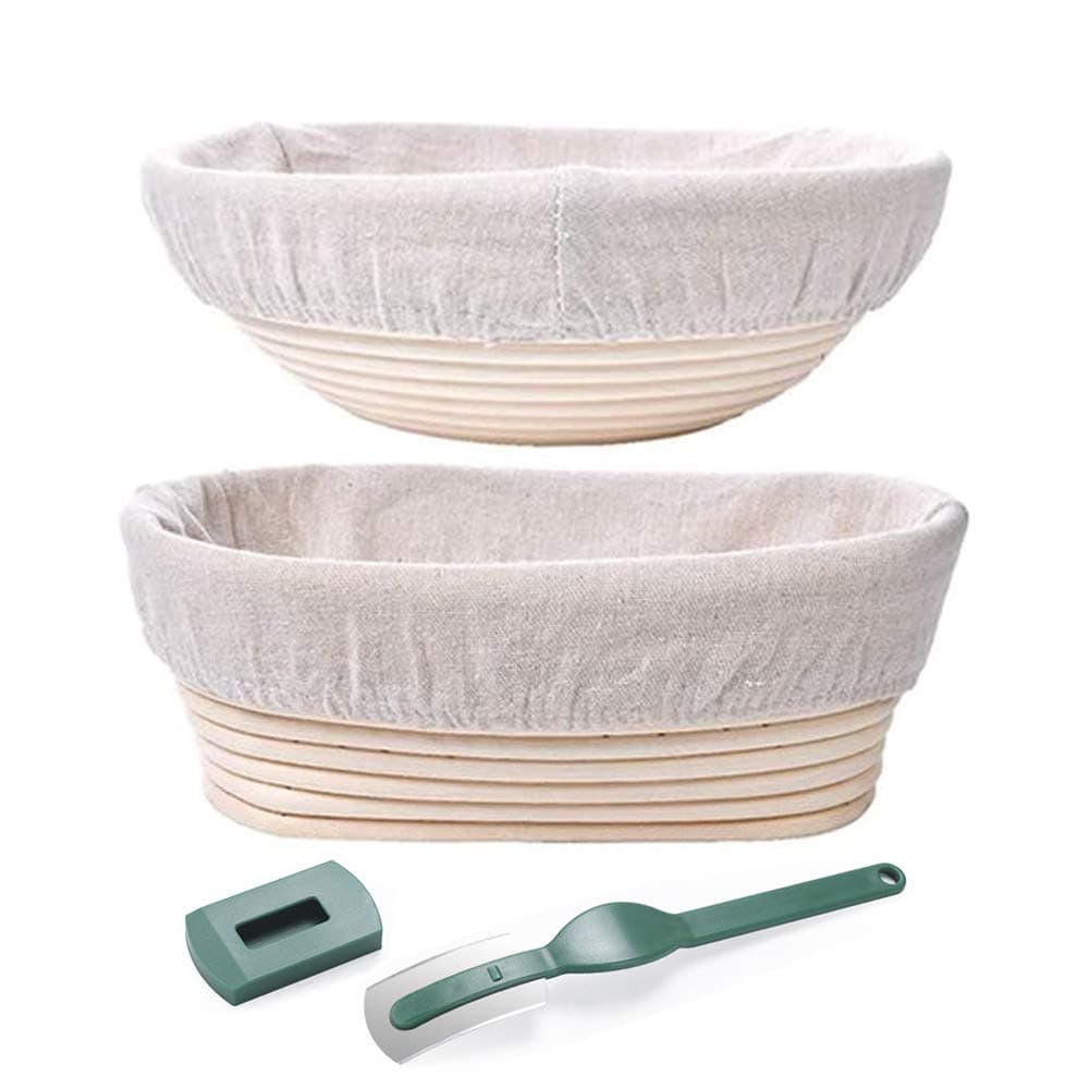 Bread Proofing Basket Set - 9" Round & 10" Oval Banneton Brotform Bread Dough Proofing Rising Rattan Basket Handmade Natural Rattan Bowl for Home Bakers with Cloth Liner Dough Scraper