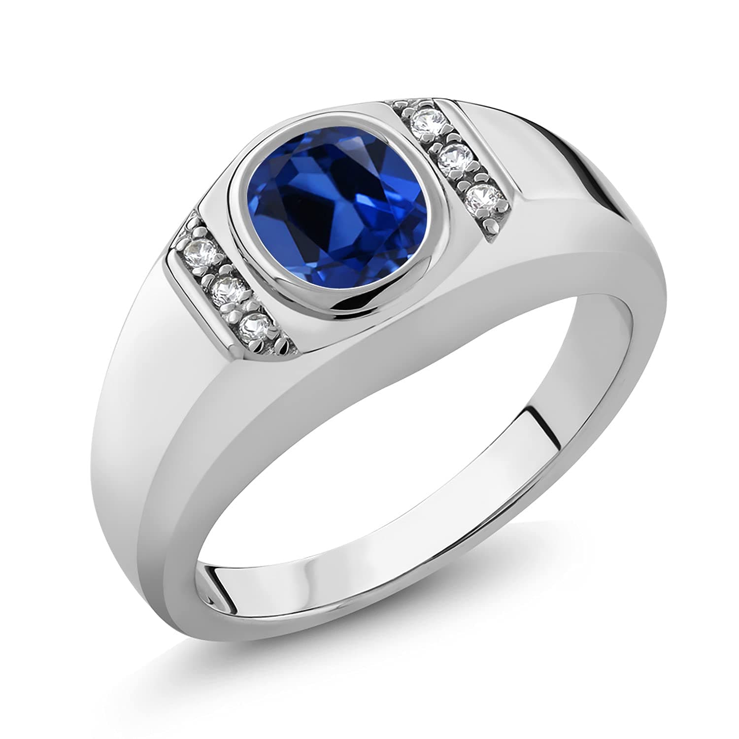 Gem Stone King Men's 925 Sterling Silver Blue Created Sapphire and White Created Sapphire Ring (1.66 Cttw, Available in size 7, 8, 9, 10, 11, 12, 13)