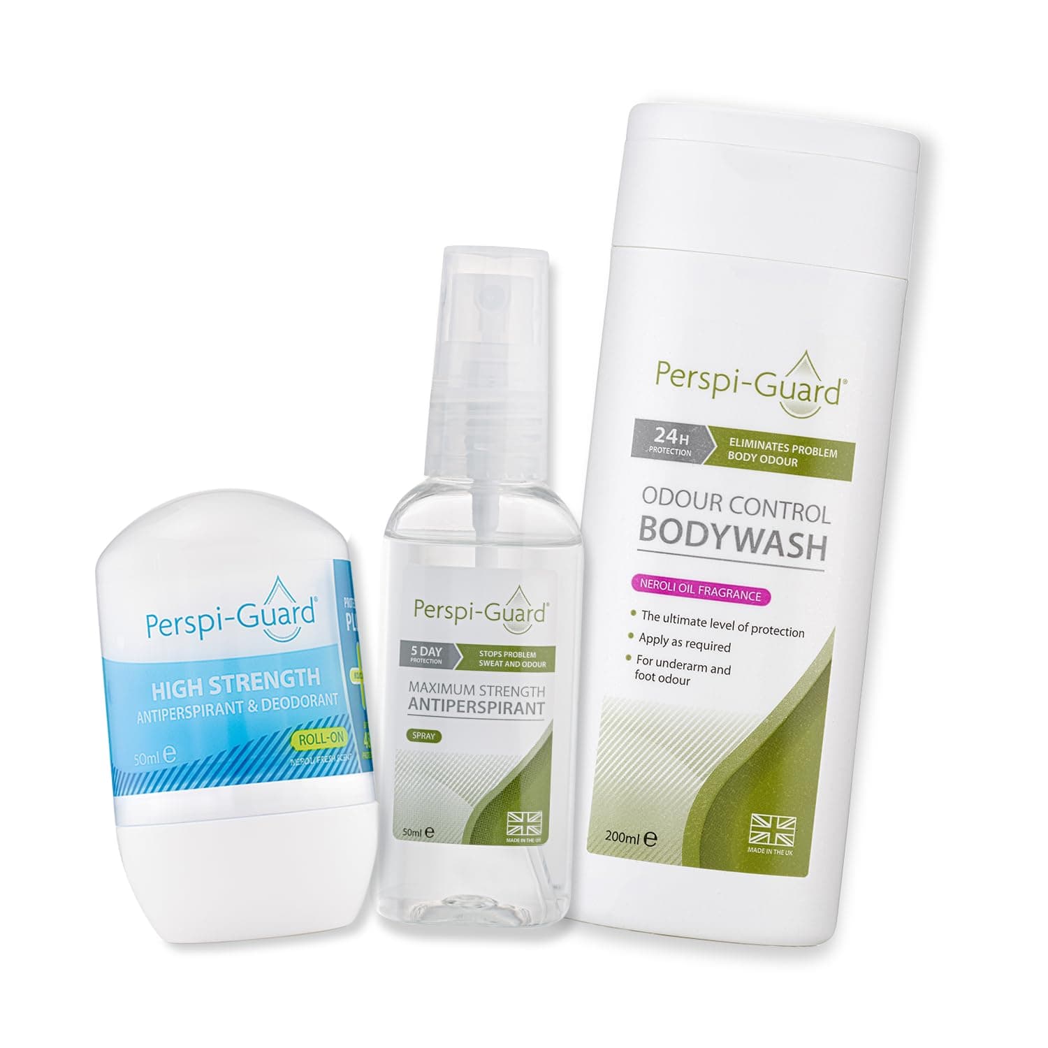 Perspi-Guard 3-Step Anti Sweat Bundle, Neroli Scented Body Wash 200ml, 48-hour Roll On Deodorant & Antiperspirant, Strong Antiperspirant Spray 50ml