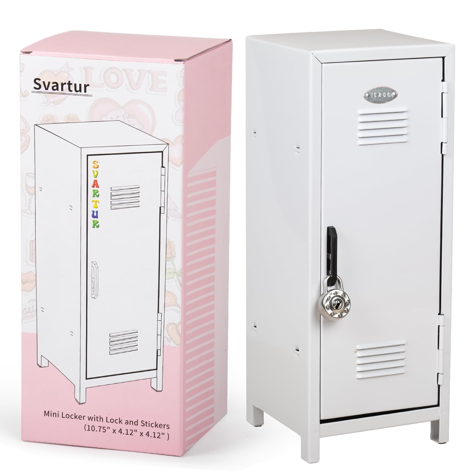 Mini Locker with Lock & Keys, Stickers, Metal Small Locker for Desktop, Girls Lockbox Desktop Storage Organizer, Money Safe and Cash Lock Box for Girls Safe, White