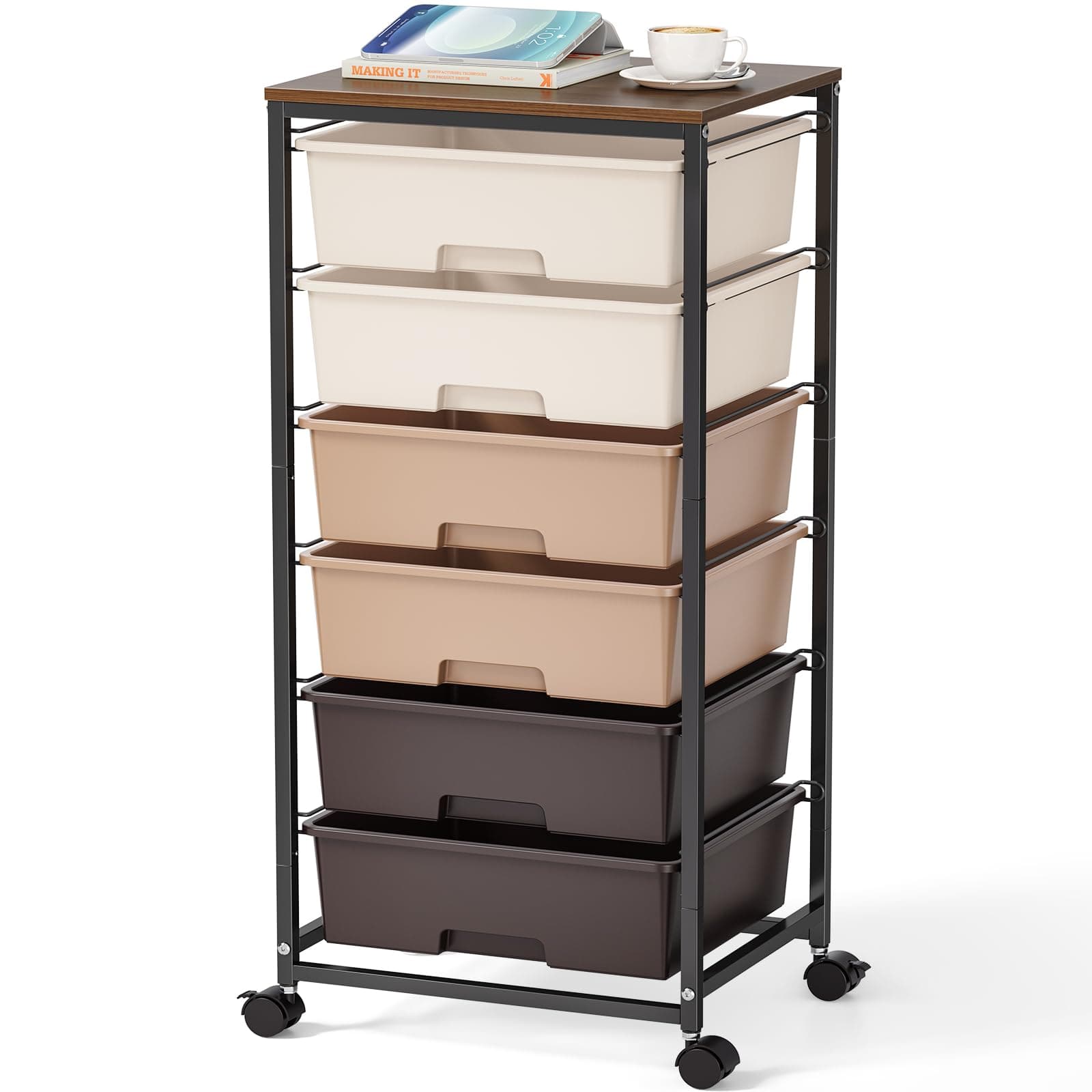 Rolling Storage Cart with Drawers,Utility Cart with 6 Large Drawers and Wooden Tabletop,Craft Storage Cart with Lockable Wheels for Bedroom, Office, Classroom, Kids'Room, Living Room (Brown)