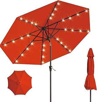 9FT Solar Umbrella 32 LED Lighted Patio Umbrella Table Market Umbrella w/Tilt and Crank Outdoor Umbrellas for Garden, Deck, Backyard, Pool and Beach, Orange