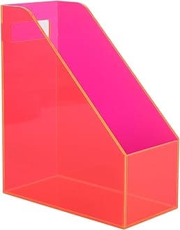 Acrylic Magazine Rack Desk File Holder Organizer for Office Desktop Vertical Magazine Storage Box, 12 x 10 x 5'', Neon Pink