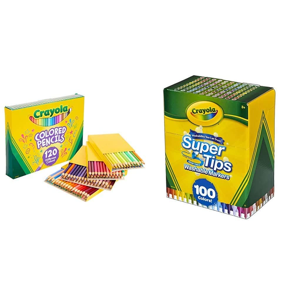 Crayola Colored Pencils, No Repeat Colors, 120 Count, Gift & Super Tips Marker Set, Washable Markers, Assorted Colors, Art Set for Kids, 100 Count