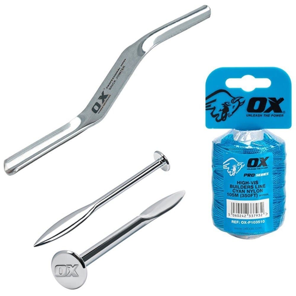 OX Bricklaying Kit - Includes Line Pins Brick Jointer 16mm x 19 mm and 105m Cyan Brick Line