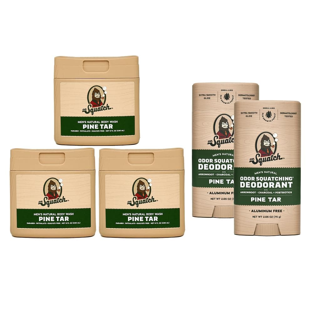 NEW Body Wash and Deodorant for Men Gift Set | No Paraben, Phthalate, Sulfate | Odor-Squatching, Aluminum-Free | Pine Tar Body Wash (8 oz, 3-Pack) & Deodorant (2.56 oz, 2-Pack)