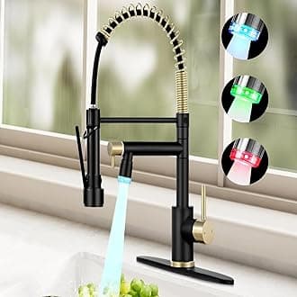 Smart Kitchen Faucet, 3 Modes Pull Down Sprayer, LED Temperature Control, Ceramic Valve,360-Degree Rotation,1 or 3 Hole Deck Plate, Double Spout. 10-Year Warranty.(Matt Black/Gold, KW-21RK)