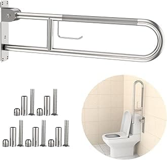 Toilet Grab Bar 30.3 Inch, YuanDe Brushed Nickel Anti-Slip Support Rail, U Shaped Flip-Up Grab Bar with Paper Holder, Stainless Steel Knurled Handicap Safety Handrails for Disabled Elderly Pregnant