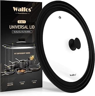 Walfos Universal Lid for 9.5", 10.5" and 11" Diameter Cookware, Fits Pots, Pans and Skillets - Walfos Tempered Glass Pan Lid with Heat Resistant Silicone Rim, BPA Free Pot Lids, Dishwasher-Safe, Black