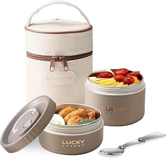 ArderLive Portable Insulated Lunch Container, Portable Insulated Food Container for Adults Thermal Lunch Bento Box Stainless Steel Microwave Safe, Khaki 2Pcs 34oz/4.25 Cup