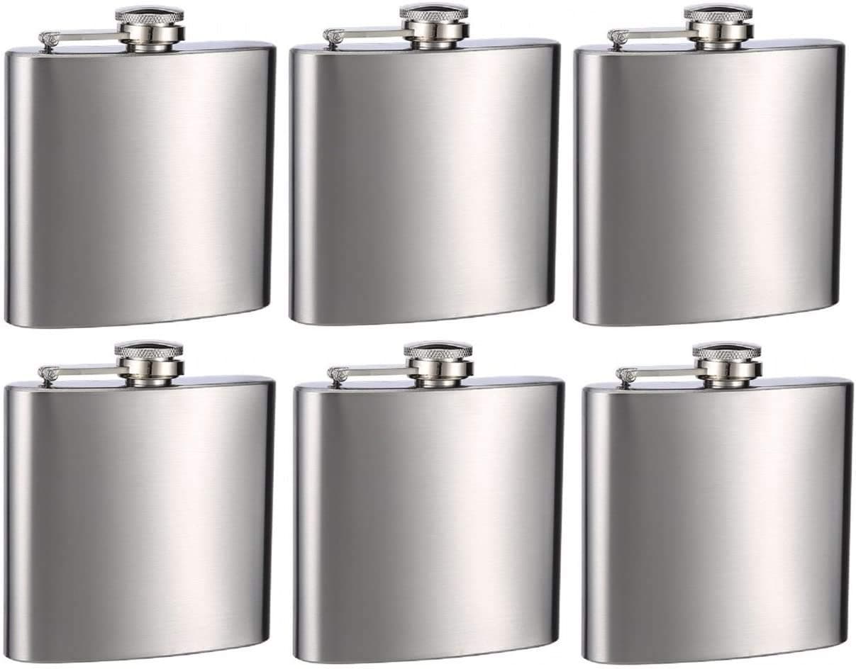 Hip Flask Holding 6 oz - Pocket Size, Stainless Steel, Rustproof, Screw-On Cap - Metallic Grey Finish - Set of 6 - Gift Box Included