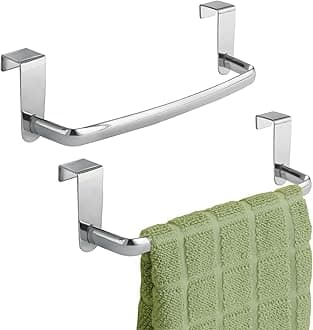 Steel Metal Wire Over Cabinet Towel Rack Storage Organizer - Hang on Cabinet or Door - Towel Bar Holder for Kitchen - Holds Hand Towels, Washcloths - Spira Collection, 2 Pack, Chrome