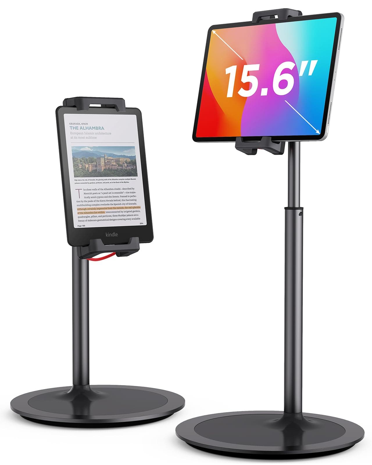SAIJI Tablet Stand Holder, Extra-Height Adjustable Kindle Stand, 360 Degree Rotating iPad Holder, Aluminum Alloy Cradle Mount Dock for 4.7"-15.6" iPhone, Samsung, Tablets, Portable Monitor (Black)