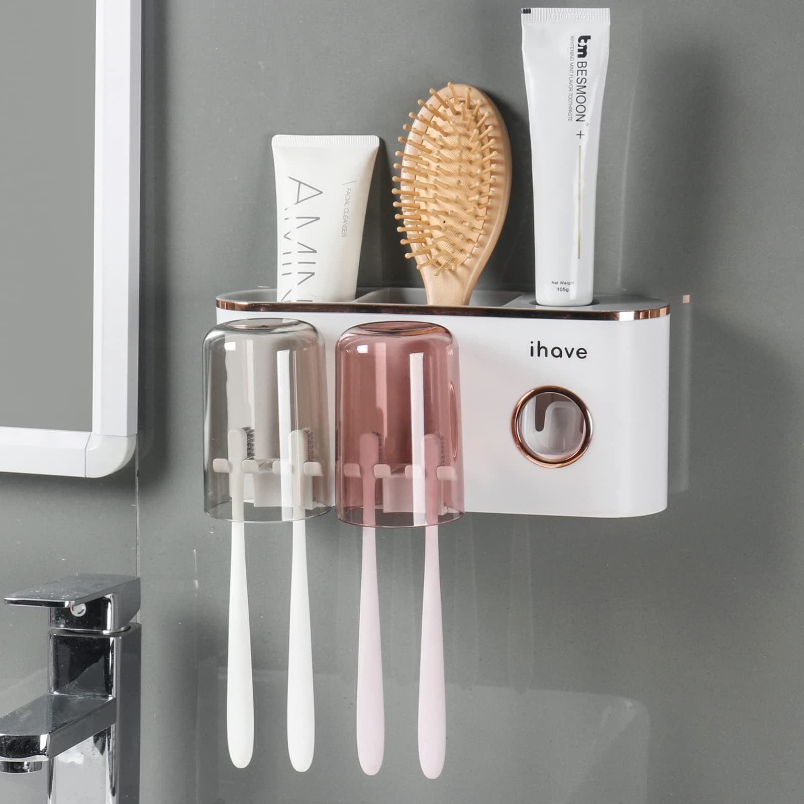 iHave Toothbrush Holders Bathroom Decor with Toothpaste Dispenser, 2 Cups Toothbrush Holder Wall Mounted Bathroom Accessories