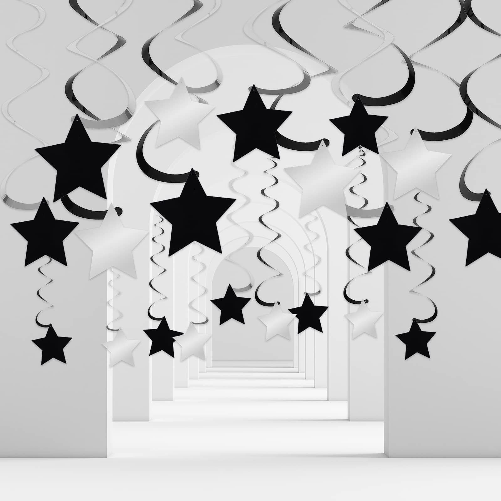Whaline 48 Pack Star Hanging Swirl Decorations Black and Silver Star Foil Swirl Ceiling Hanging Decoration Star Party Swirls for Graduation Party Ornaments Favors Supplies Ceiling Decorations