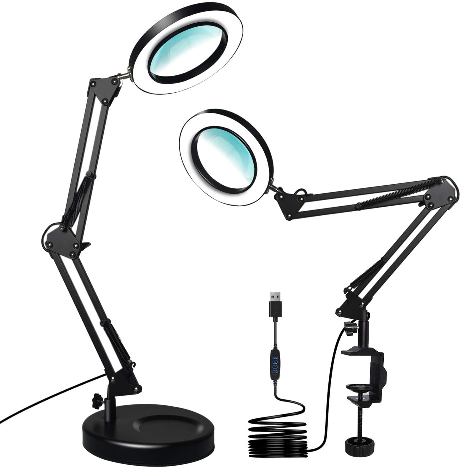 Magnifying Glass with Light, LED Magnifying Desk Lamp with Clamp and Stand [2.25X Magnification, Adjustable Light Color and Brightness] Black