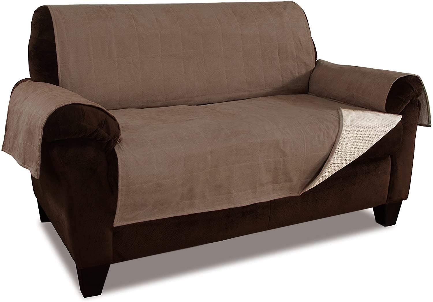 Anti-Slip Sofa Protector | Water Resistant Microsuede Slipcover | Stay-Put Straps | Cover Protects Couches from Dogs & Other Pets (Sofa, up to 72" seat Size, Camel)