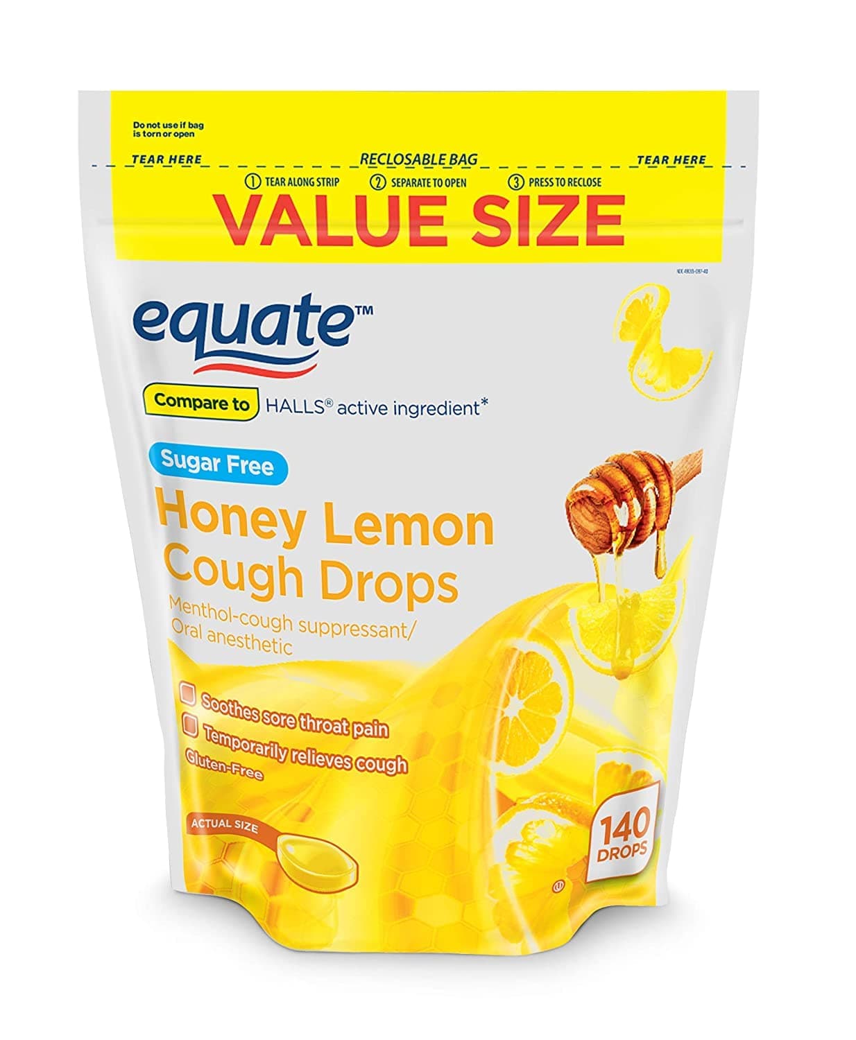 Equate Sugar Free Honey Lemon Cough Drops, 140 Drops