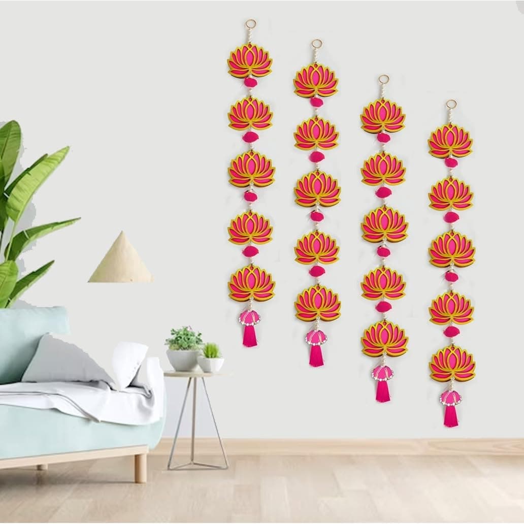5 Tier Set of 4 Strings Pink Lotus Wall Hanging Gift Decorative Showpiece for Diwali Ganesh Chaturthi Pooja Home Door Decor Temple Marriage Wedding Stage Decoration (30 Inch Length