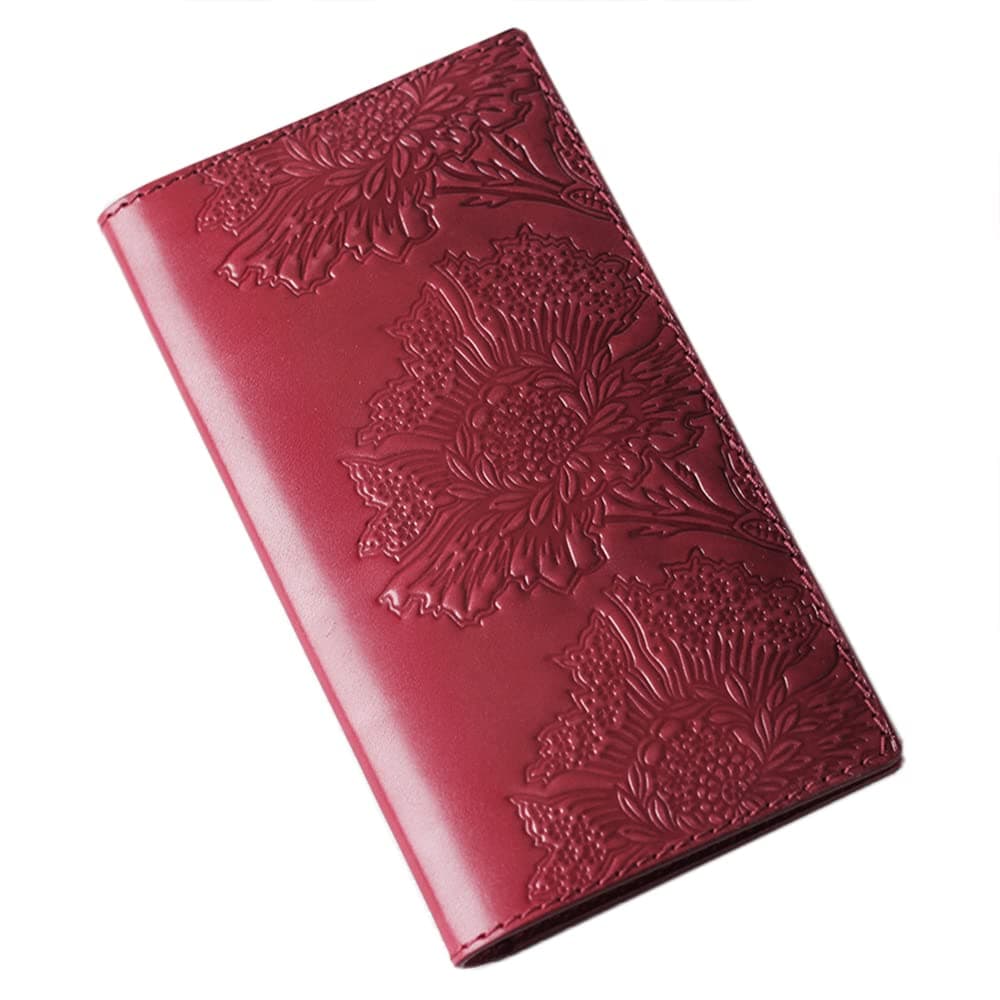 Personalized Leather Checkbook Cover Holder - Red Long Wallet for Women - Hand Painted Tooled Leather Wallet